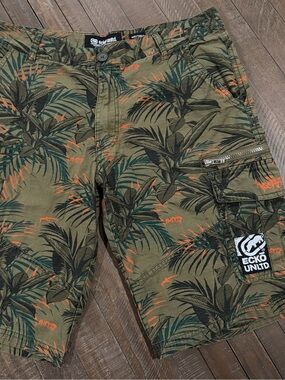 Y2K Ecko Unlimited Olive Tropical Cargo Shorts with Orange Accents